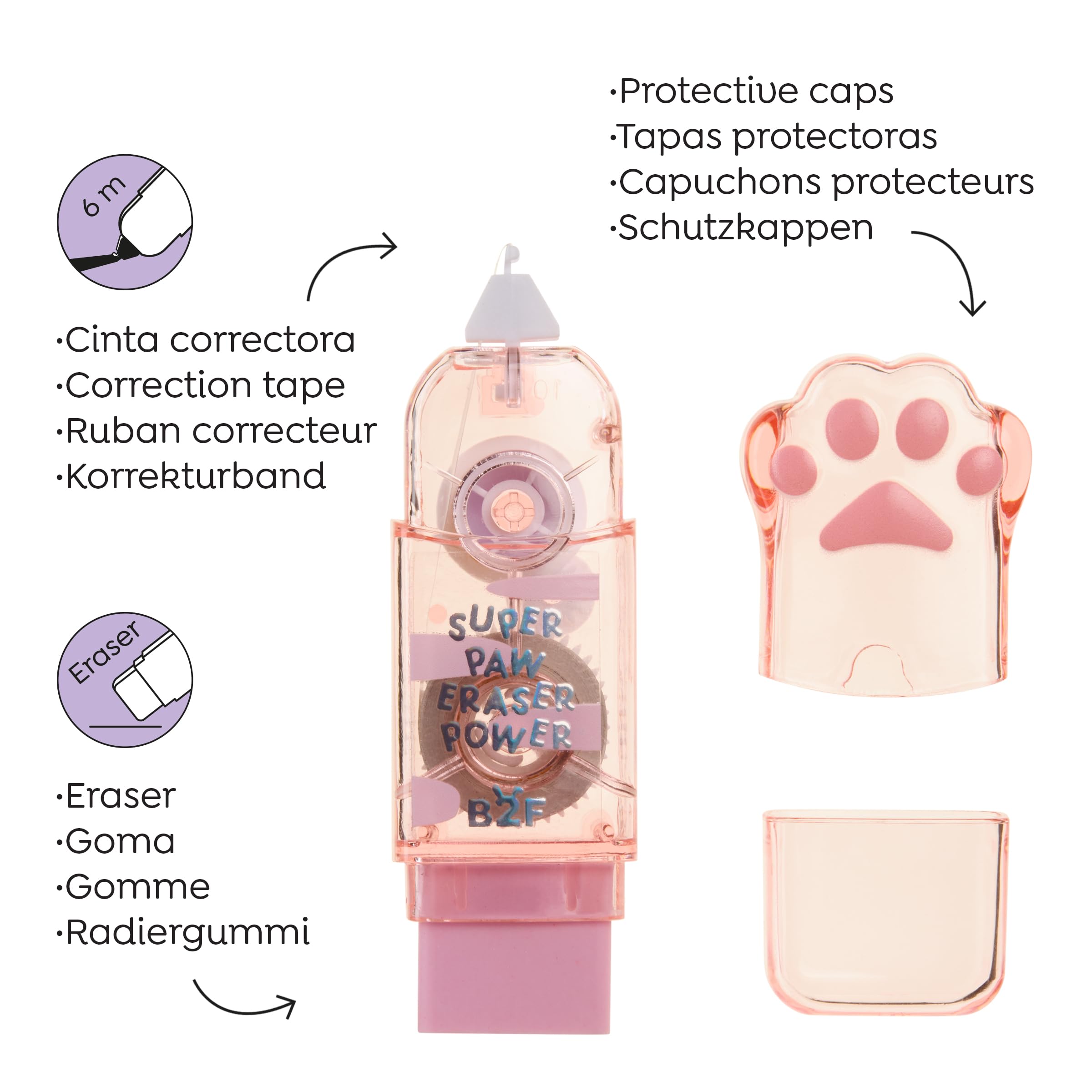 Back2Fun - 2 en 1 Cinta Correctora de 6 metros y Goma de Borrar, Diseño de Patita 3D Con Cuerpo Transparente y Acabado Holográfico, Accesorio para el Estuche y Material Escolar, Rosa