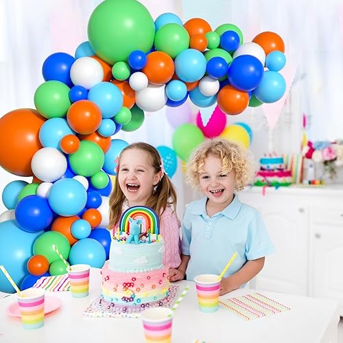 Miniatura 4 de Arco de globos de dinosaurio azul, verde y naranja, 121 unidades, cumpleaños de niños, decoraciones de baby shower