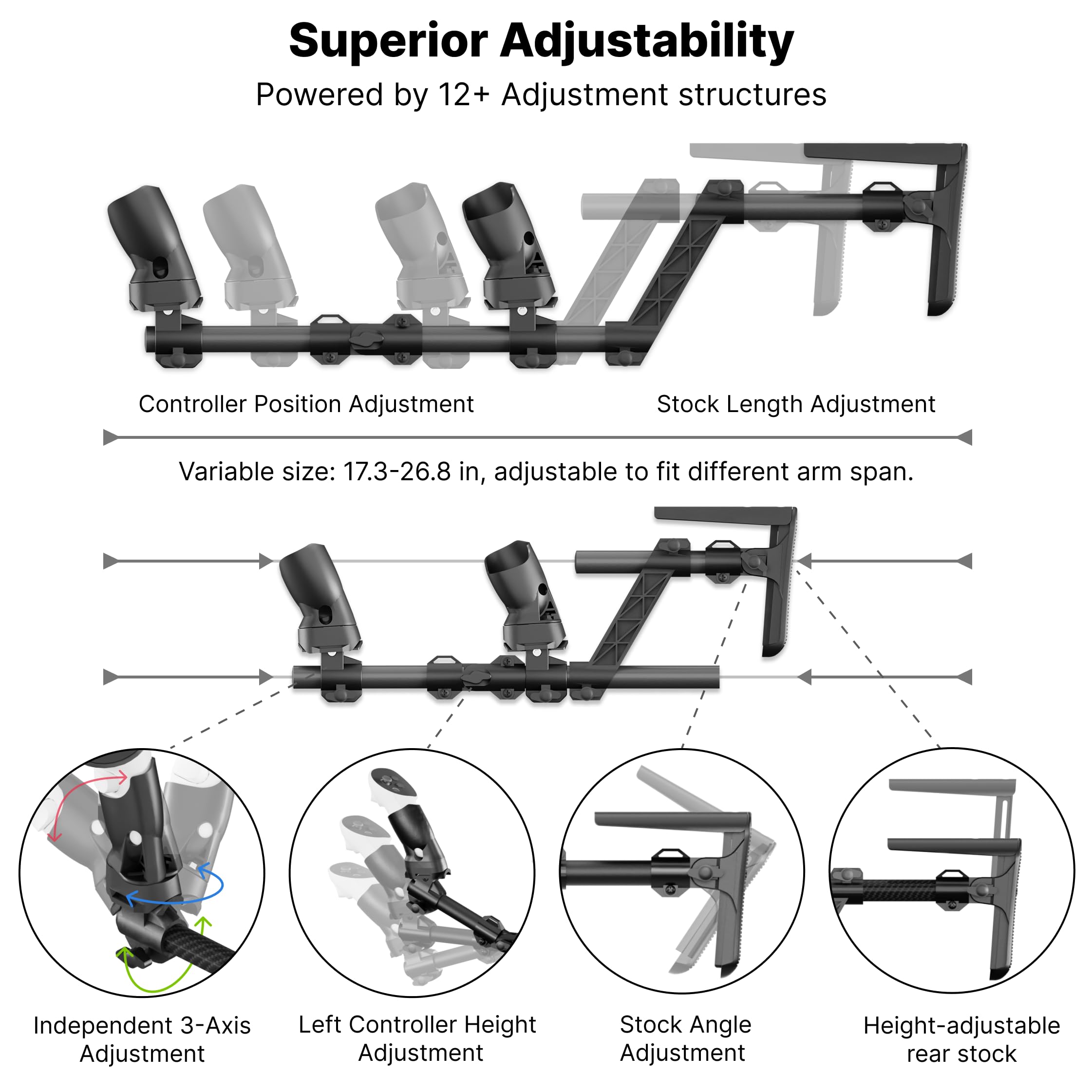 Moginno M3 VR Gun Stock Compatible with Meta/Oculus Quest 3/3S/2/Pro Controller Accessories, Magnetic Gunstock Rifle Adapter with Shoulder Strap, Enhance FPS Games Reality Control Feel, Black - 4