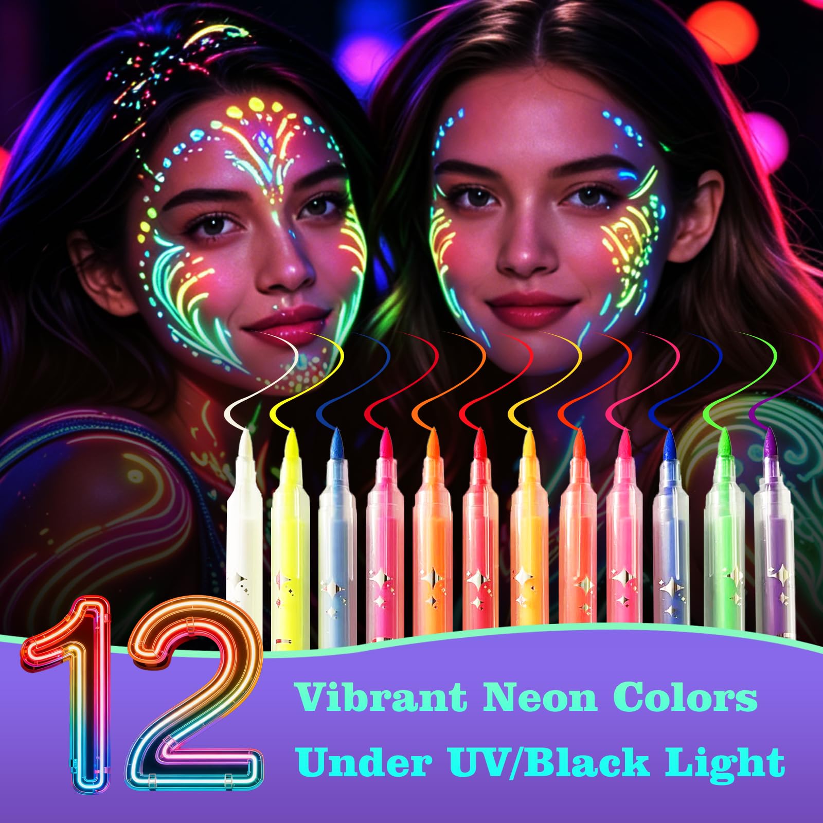 12 Pennarelli Trucco Fluorescente al Buio e Fluorescente, Pittura Fluorescente, Pittura Fluorescente al Buio e Trucco Fluorescente per Feste, Festival e Serate