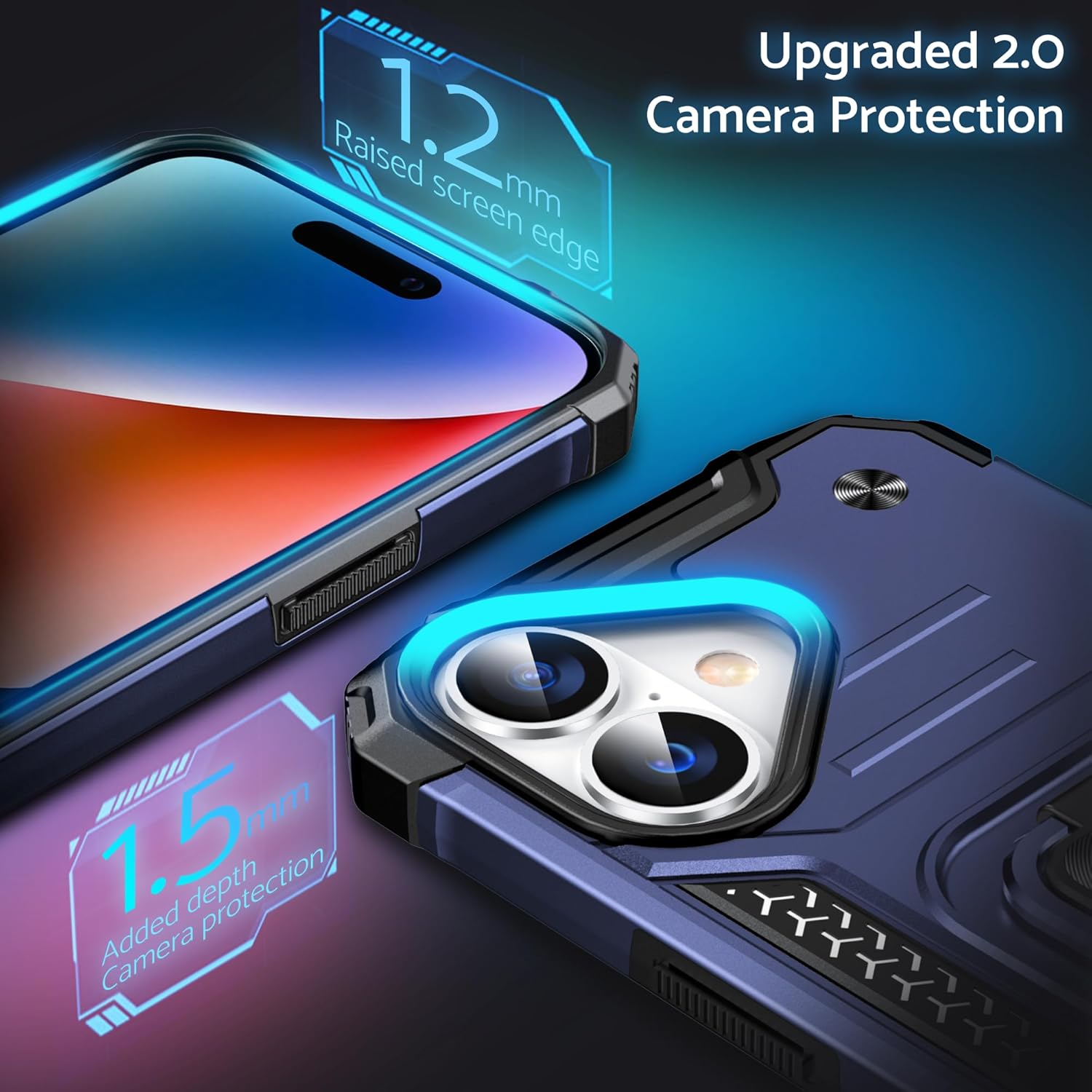 DASFOND Designed for iPhone 16 Case, Military Grade Shockproof Protective Phone Case Cover with Enhanced Metal Ring Kickstand [Support Magnet Mount] for iPhone 16 6.1 inch, Blue - Image 2