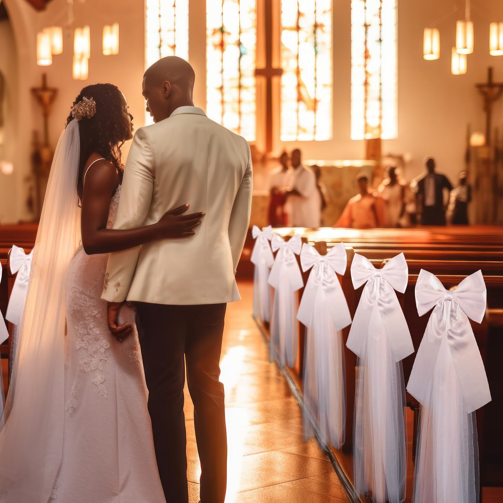 12 Stück große weiße Hochzeitsschleifen mit Satinschleife mit 30 m Stoff, Tüll, Kirche, Stuhl, Gang-Dekorationen für Hochzeitskleid, Schleife, Brautparty, Empfang, Geburtstag, Muttertag