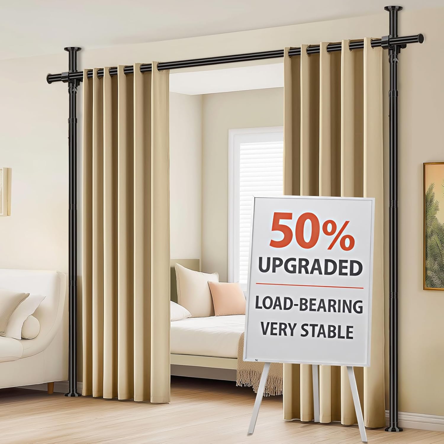 Room Divider Tension Curtain Rods No Drilling Room Separator for Space Partition Adjustable (W) 35-100in×(H) 43-120in, Heavy Duty Temporary Wall Divider Floor to Ceiling Tension Rod, Black, 1 Pack