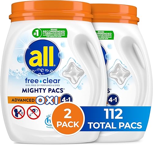 All Mighty Pacs - Detergente para ropa con quitamanchas y blanqueadores OXI, transparente, 56 unidades (paquete de 2), 112 cargas totales