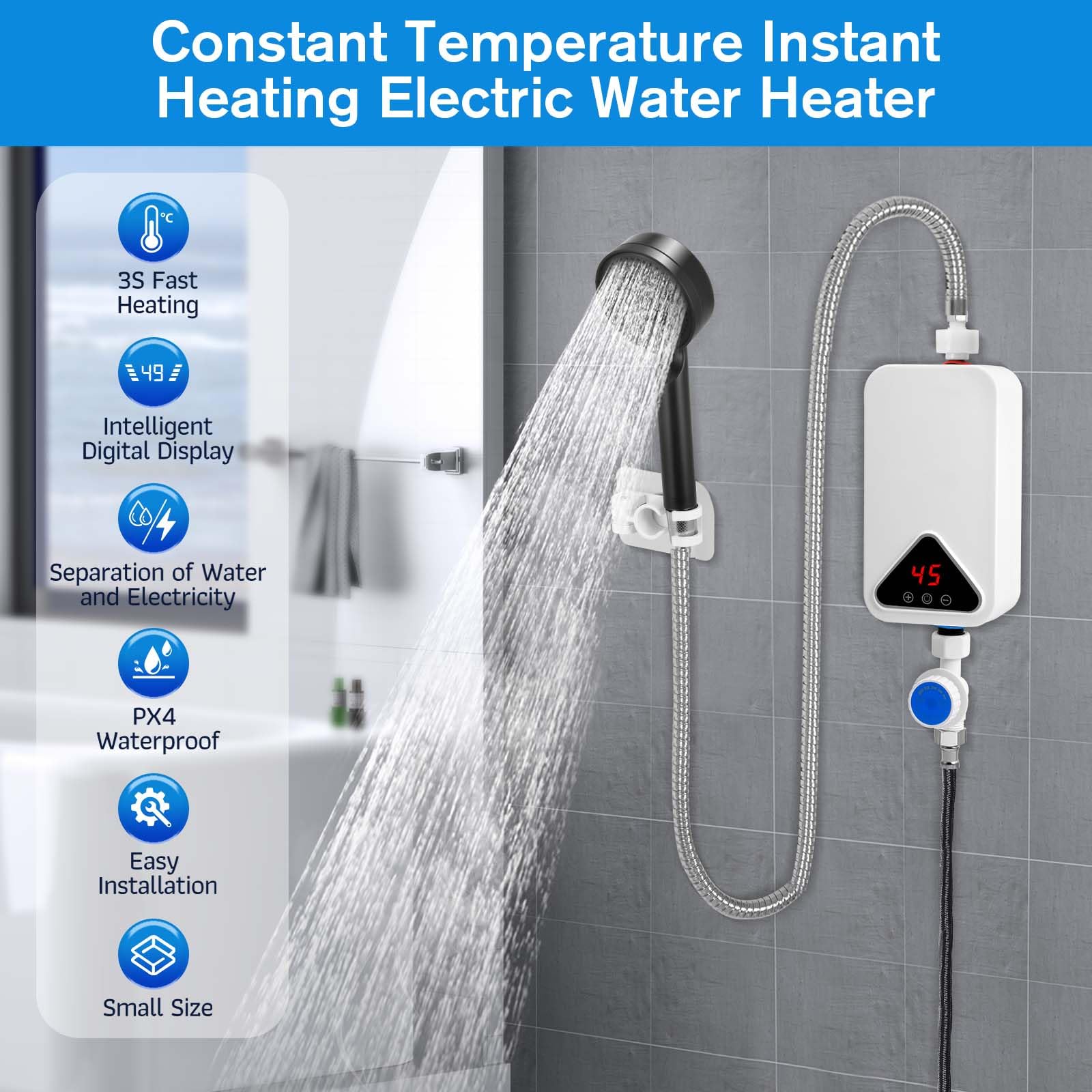 Calentador De Agua Eléctrico, Mini Calentador de Agua 220 V 5500 W, 30-55 °C, Temperatura Ajustable, Ducha de Calentador Instantáneo sin Tanque con Pantalla LED para Cocina y Baño (RYK-009)