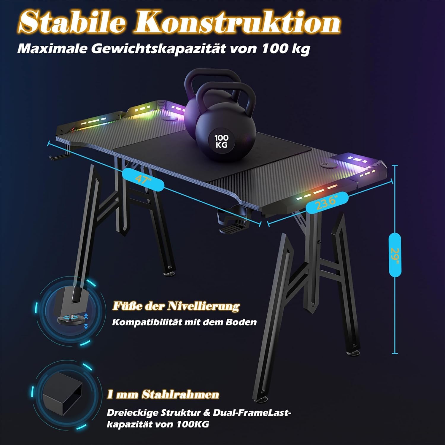 LZQ Scrivania da gaming a LED da 120 x 60 cm, colore nero, tavolo per PC con supporto per bevande e ganci per cuffie, scrivania da gaming ergonomica con telaio M