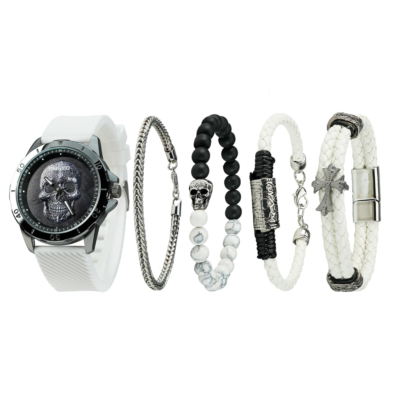 TIME100 Men's Skull Watch with Stackable Bracelet Set, Silicone Band, White and Black