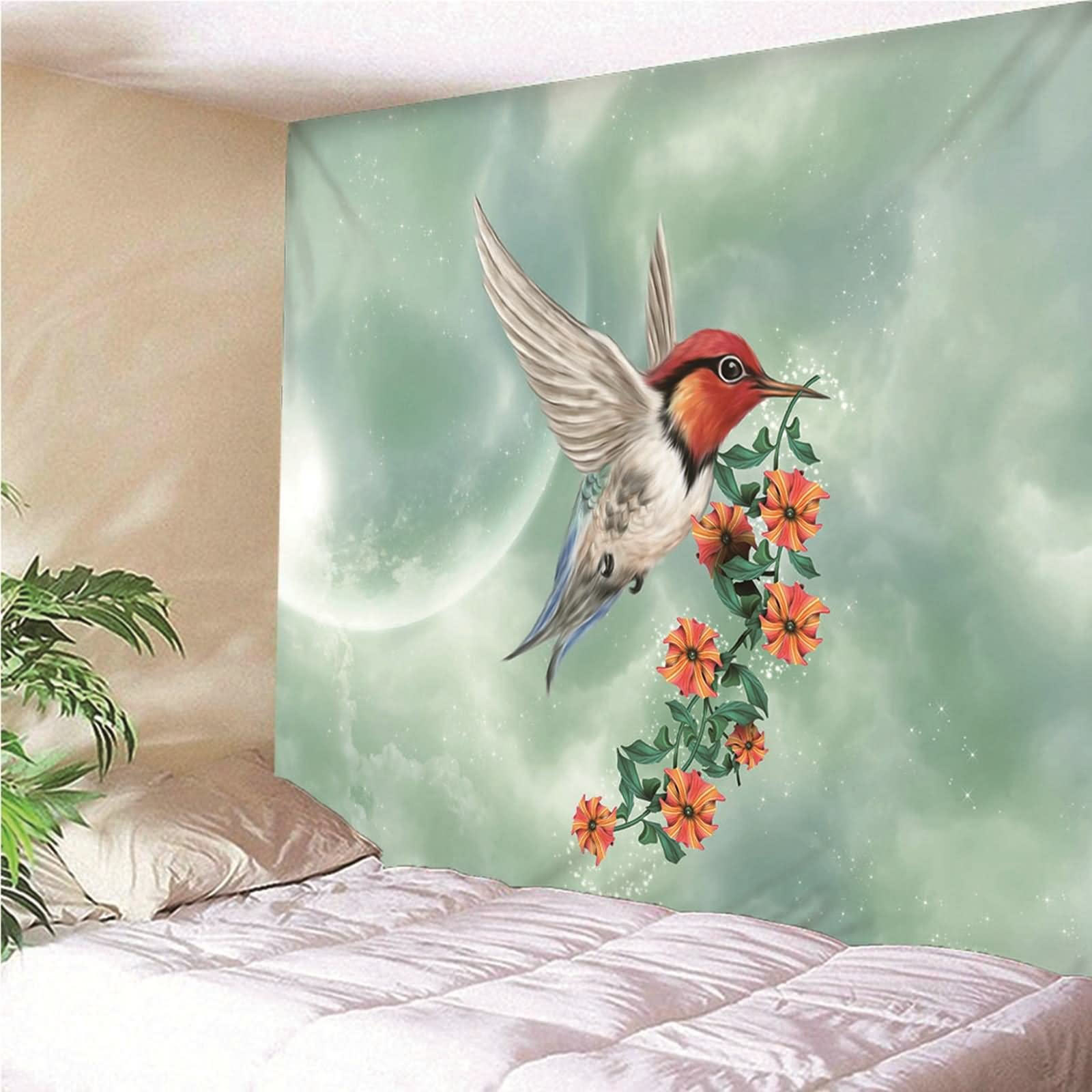 Aotiwe Dekoracja ścienna dla mężczyzn, dekoracje do sypialni ptak z kwiatami poliester zielony pomarańczowy 150 x 130 cm do wnętrz