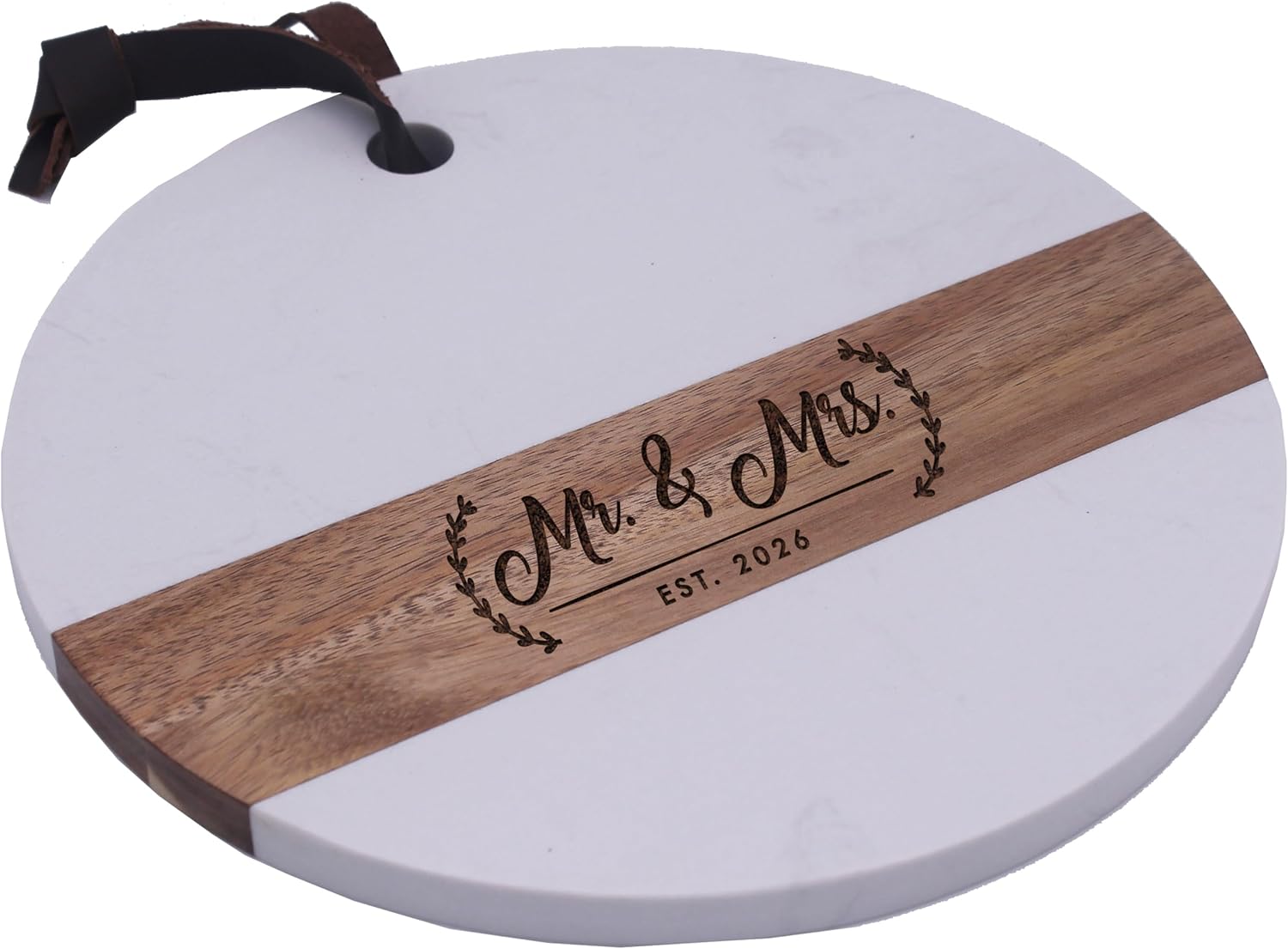 Custom Personalized Marble and Acacia Meat, Cheese, Charcuterie Serving Board Platter (Round Marble and Acacia Mr and Mrs)