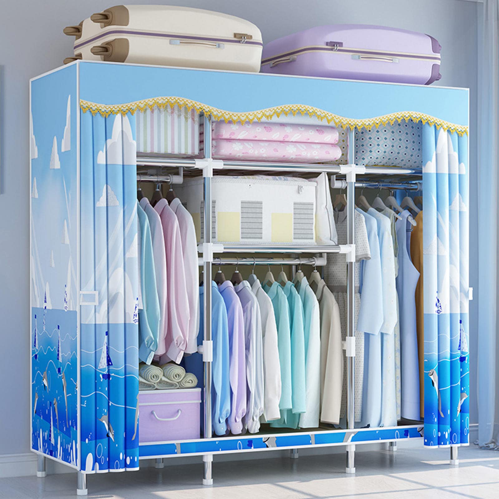 Canvas-Kleiderschrank, tragbarer Kleiderschrank, Aufbewahrungsorganisator für Kleiderschränke mit Kleiderstange, Regalen, Stoffbezug, faltbarer Schrank für Schlafzimmer, Wohnzimmer