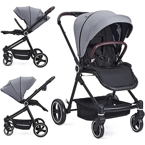 Baby Stroller for Newborn, 4 Modes Convertible Toddler Stroller, High Landscape Pushchair with Reversible Seat, One-Hand Fold, Cup Holder, Storage Basket, Adjustable Footrest & Canopy, Light Gray