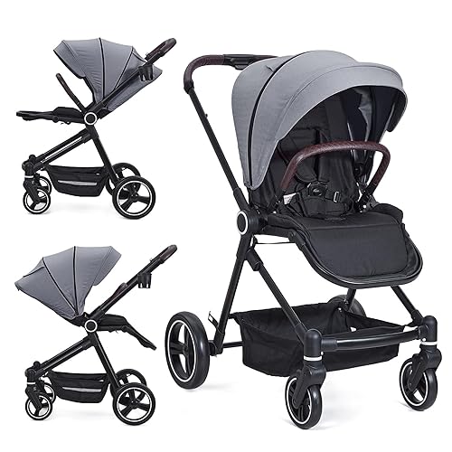 Miniatura 8 de Cochecito para recién nacido, cochecito de bebé convertible con asiento reversible y plegado con una sola mano, cochecito infantil de paisaje alto