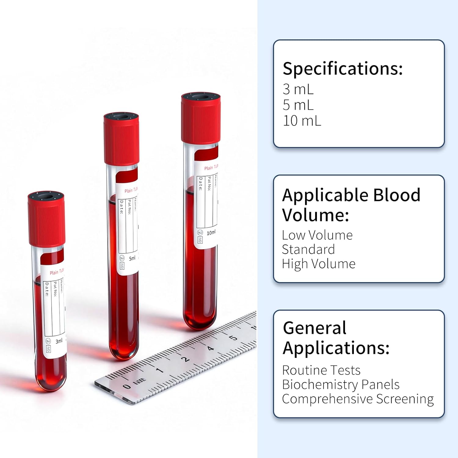 100-Pack 5ml Plain Vacuum Sealed Tube, No Additive, Professional-Grade Vacuum Sealed Specimen Tubes with Red Cap for Laboratory, Pet, Clinical Use, Lab Supplies