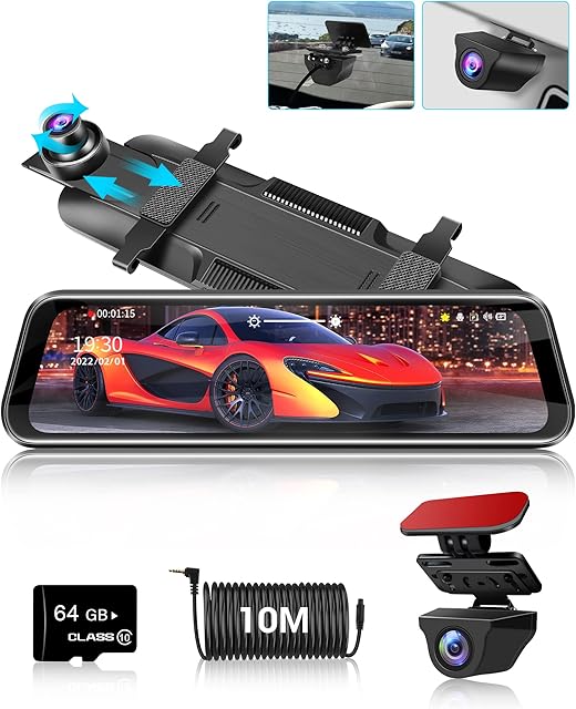 Right Side Camera VersionMirror Dash Cam 10'' 1080P Dual Dash Cam Front and Rear View Mirror with Waterproof Rear Camera Super Night Vision, 170° Angle, 10M Cable Dash Rear View Camera, 64GB SD Card