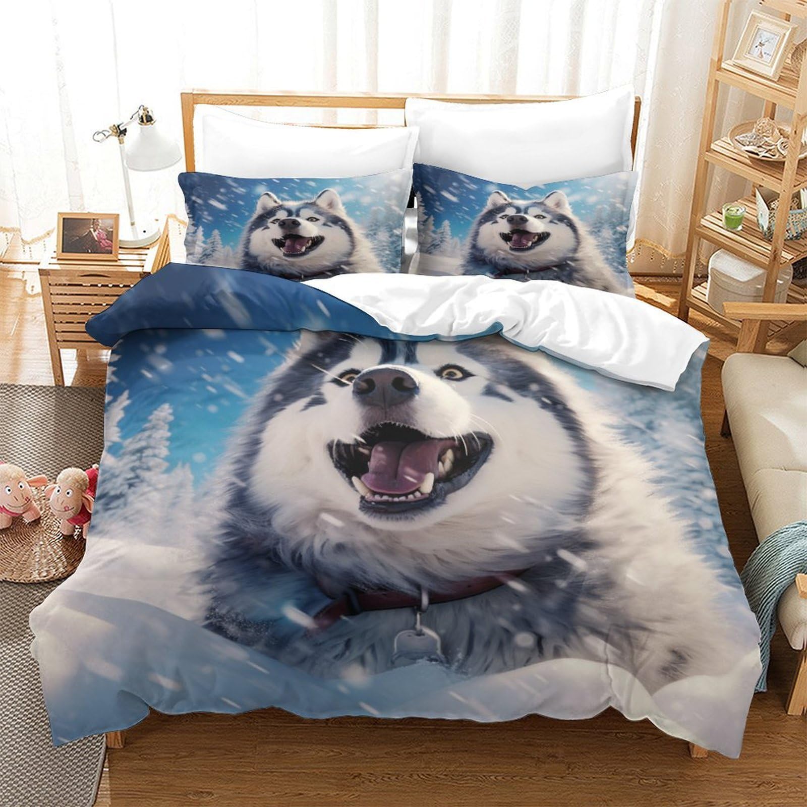SkyClouf Husky Three-dimensional Printing Bedding Bedding Ensemble Husky Quilt Cover Ultra-fine Fiber Zipper Closure with Pillowcases Gentle And Washable Super King（260x220cm）