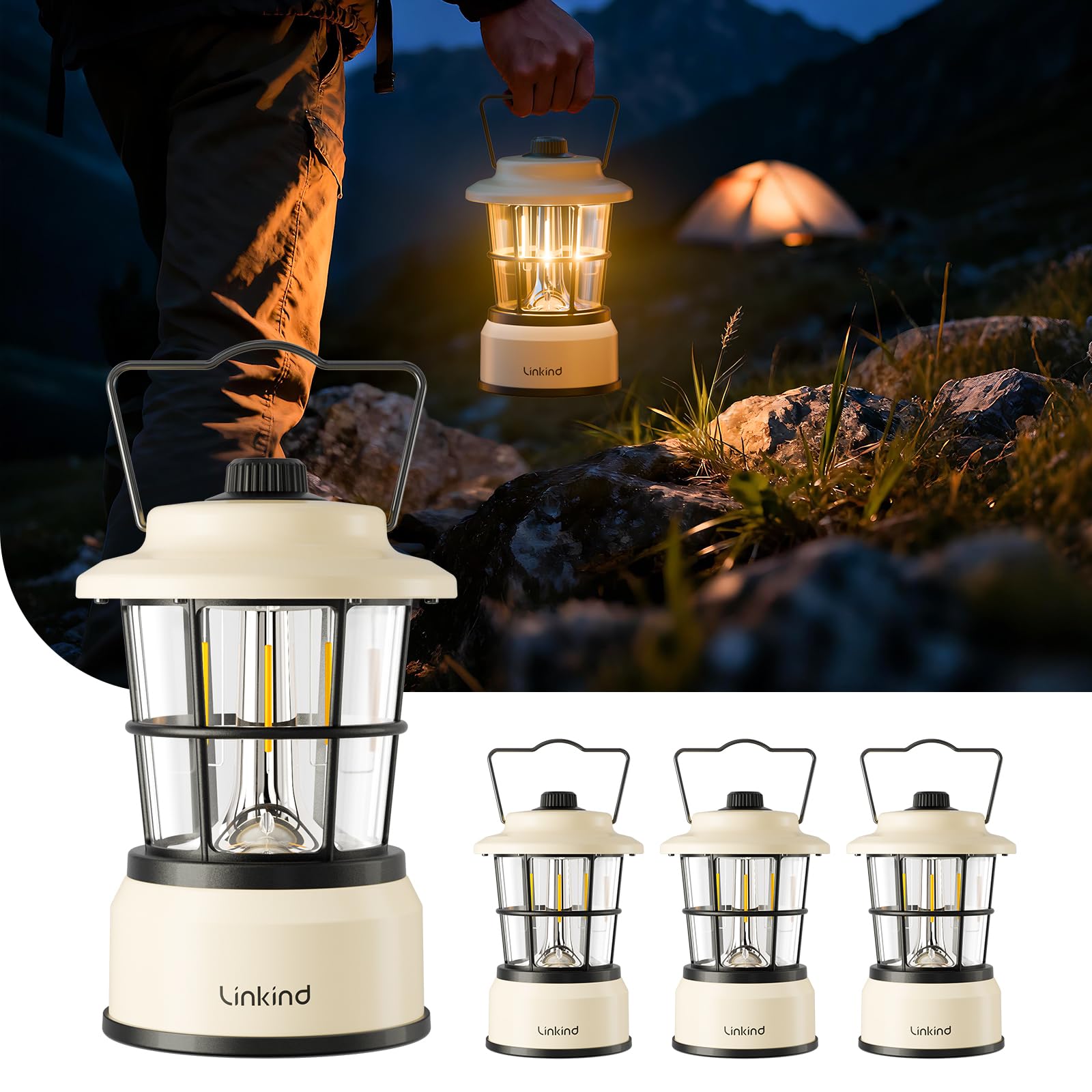 Linkind LED Camping Lamp Dimmable, 2-Colour Camping Lantern, Battery Operated, Retro Camping Lantern Battery with 200 Hours Light Life, Portable IPX4 for Camping, Emergency, Tent, Hiking, Pack of 4