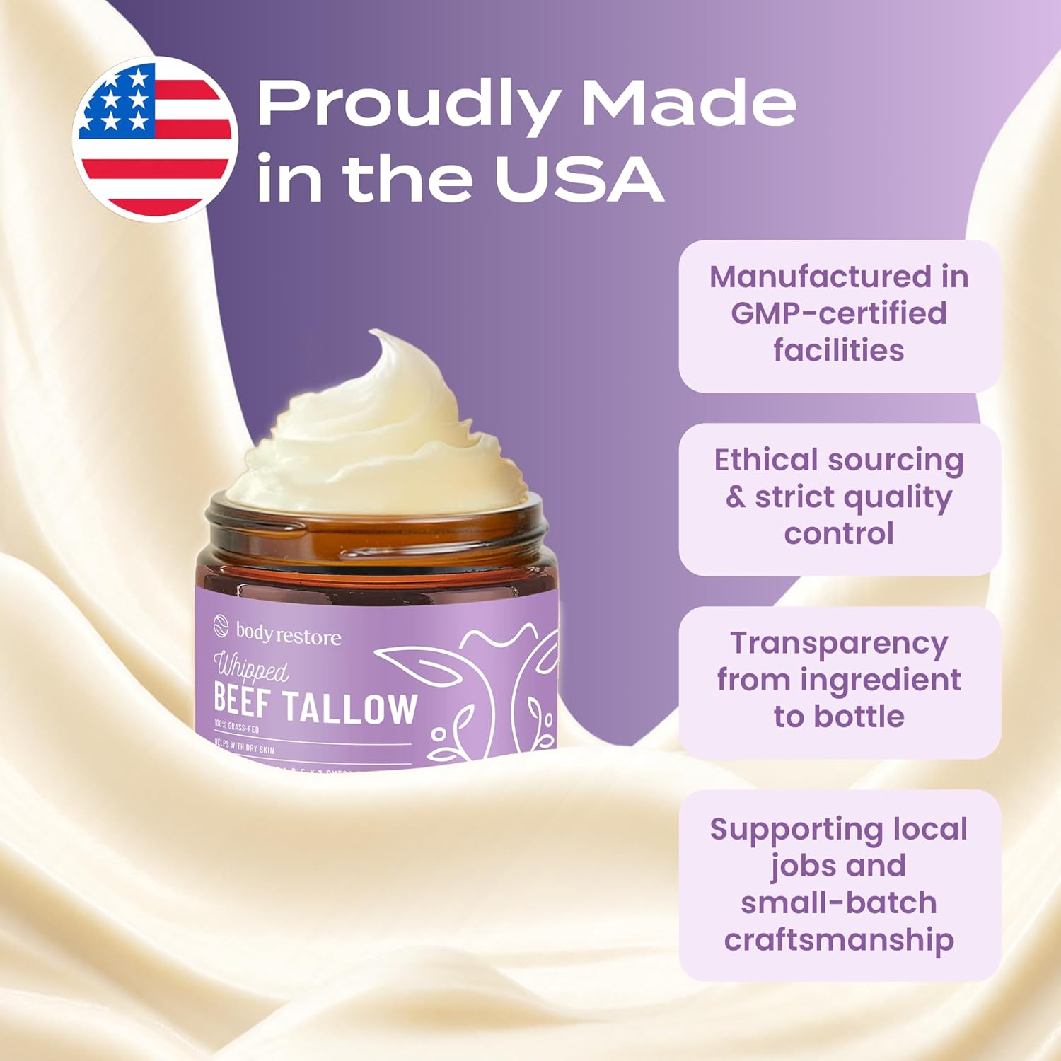 Body Restore Grass Fed Whipped Beef Tallow Balm for Face & Body – Manuka Honey, Jojoba Oil, Cocoa Butter – Deep Moisture for Dry, Cracked Skin – Non-Greasy, Fast Absorbing – Made in USA – Lavender - Image 7