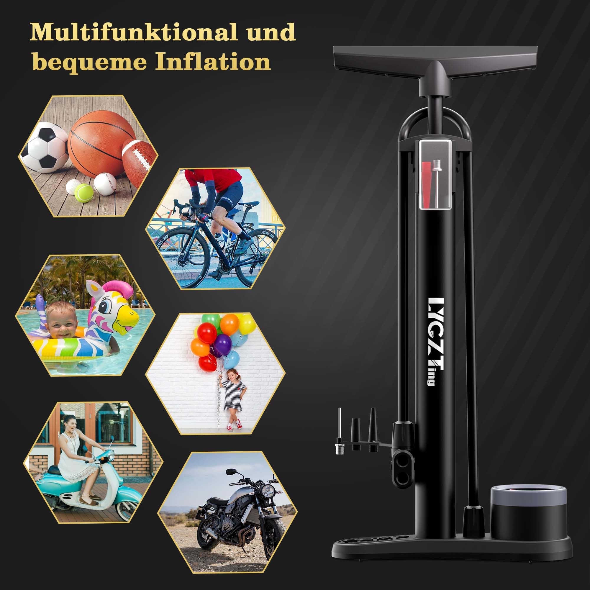 Pompa per bicicletta, pompa per pneumatici per bicicletta portatile nera LYGZTing, con pedale per manometro, mini pompa manuale multifunzionale sicura durevole in acciaio inossidabile