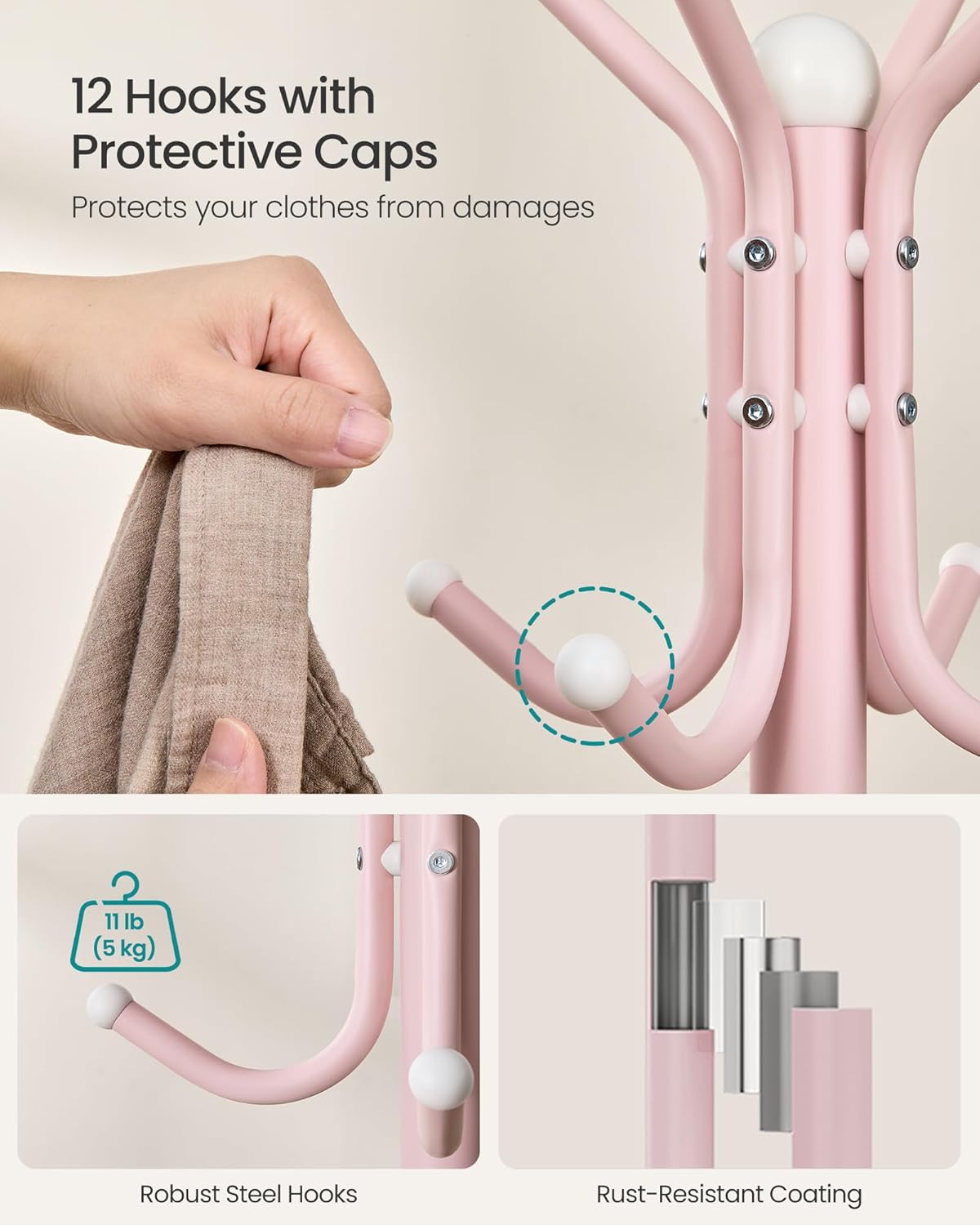 SONGMICS Coat Rack Freestanding, Metal Coat Rack Stand with 12 Hooks and 4 Legs, Holds Clothes, Hats, and Bags, for Entryway, Living Room, Bedroom, Jelly Pink URCR031R01