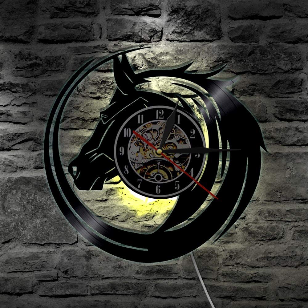 Orologio da parete cavallo nero Design moderno Dischi in vinile Orologi da parete a LED Decorazioni per la casa Regalo vintage per animali selvatici Amante dei cavalli Regali per la festa della mamm