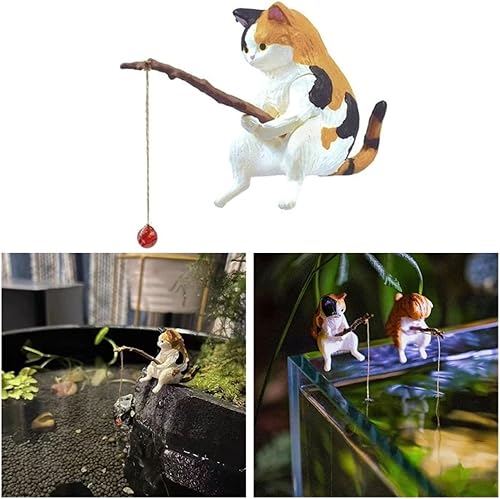 Miniatura 3 de Adornos de gato de pesca Decoración de acuario Peces Paisajismo Dibujos Animados Estatua de Gato Mini Estatua de Resina Decoraciones para el Hogar