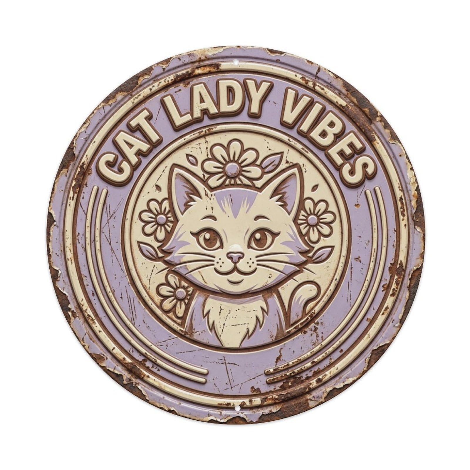 Vintage Cat Lady Vibes Purr Metal Tin Sign Plaque Wall Decor for Cafe, Club, Garden Round Metal Poster 8x8Inch