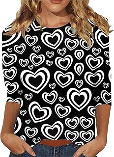 Valentines Shirts for Women 2025 Love Heart Print 3/4 Length Sleeve Crewneck Tops Casual Comfy Pullover Tunic Tshirt