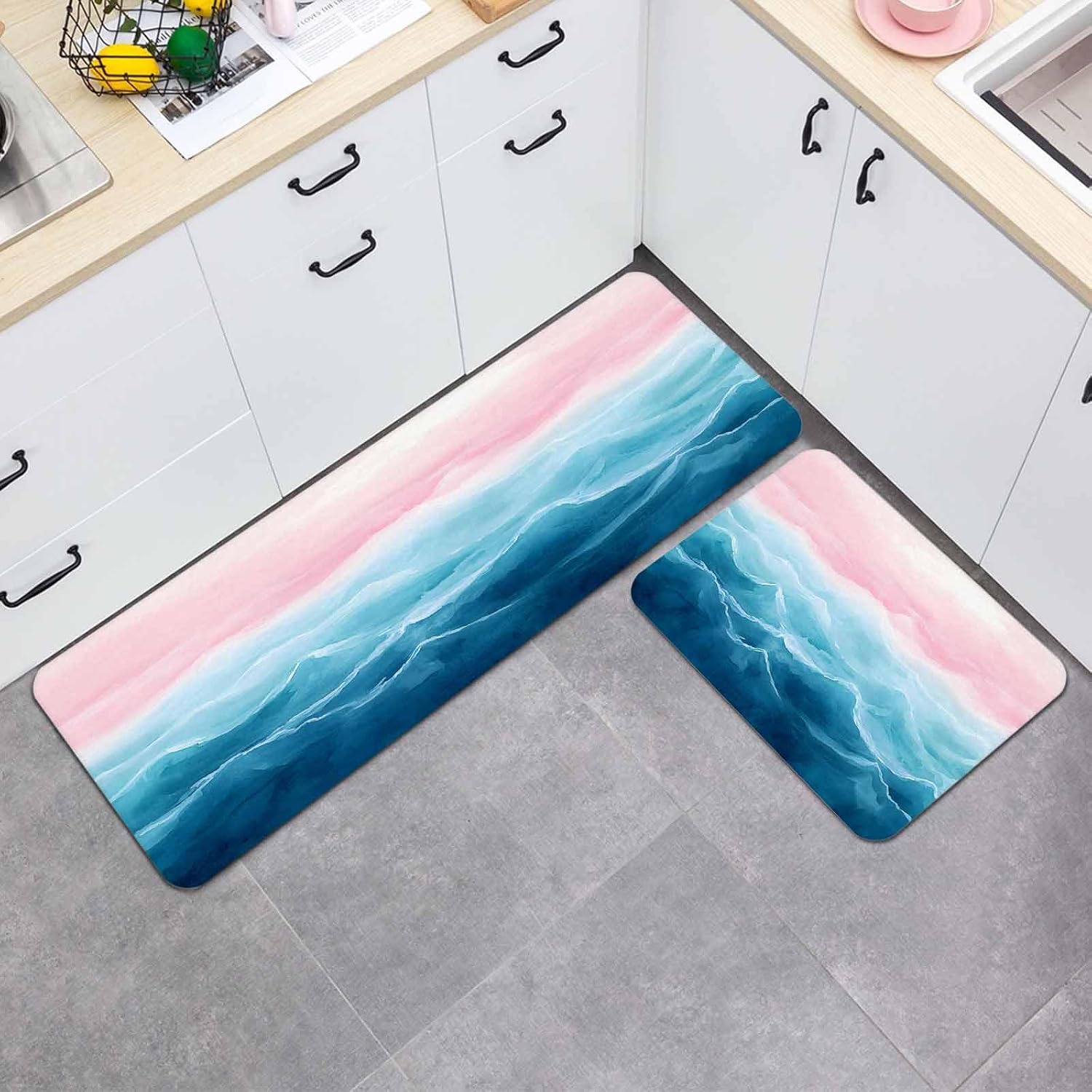 Prime Leader Blue Pink Ombre Kitchen Mat Set 2 Pieces Abstract Coastal Ocean Waves Gradient Non Slip Kitchen Rugs Washable Runner Rug Mats for Sink Laundry (19.7" x 31.5"+19.7" x 47.2")