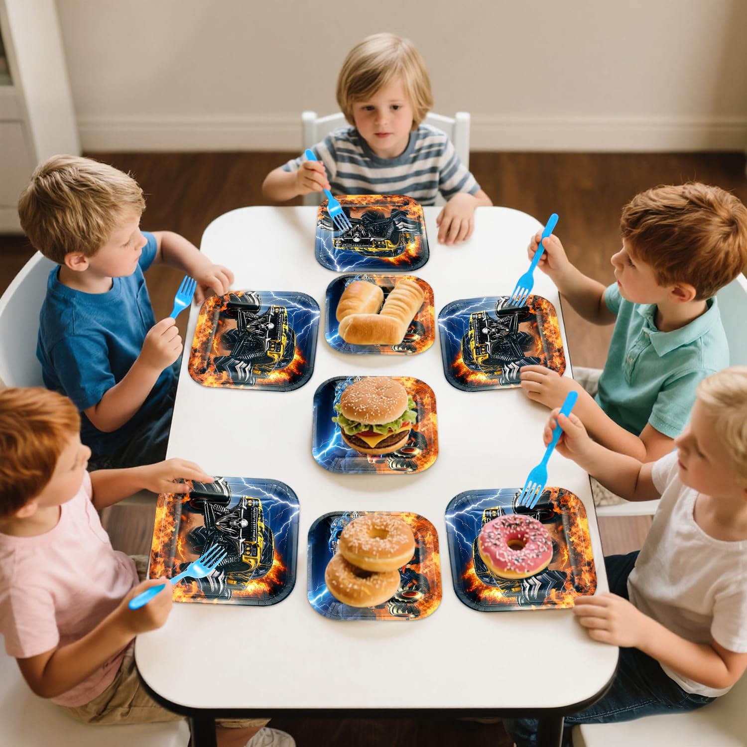 100 Pieces Monster Truck Party Tableware Monster Car Birthday Decorations Dessert Plate Napkin Fork for Racing Car Themed Party Supplies Serves 25 (Monster Truck)