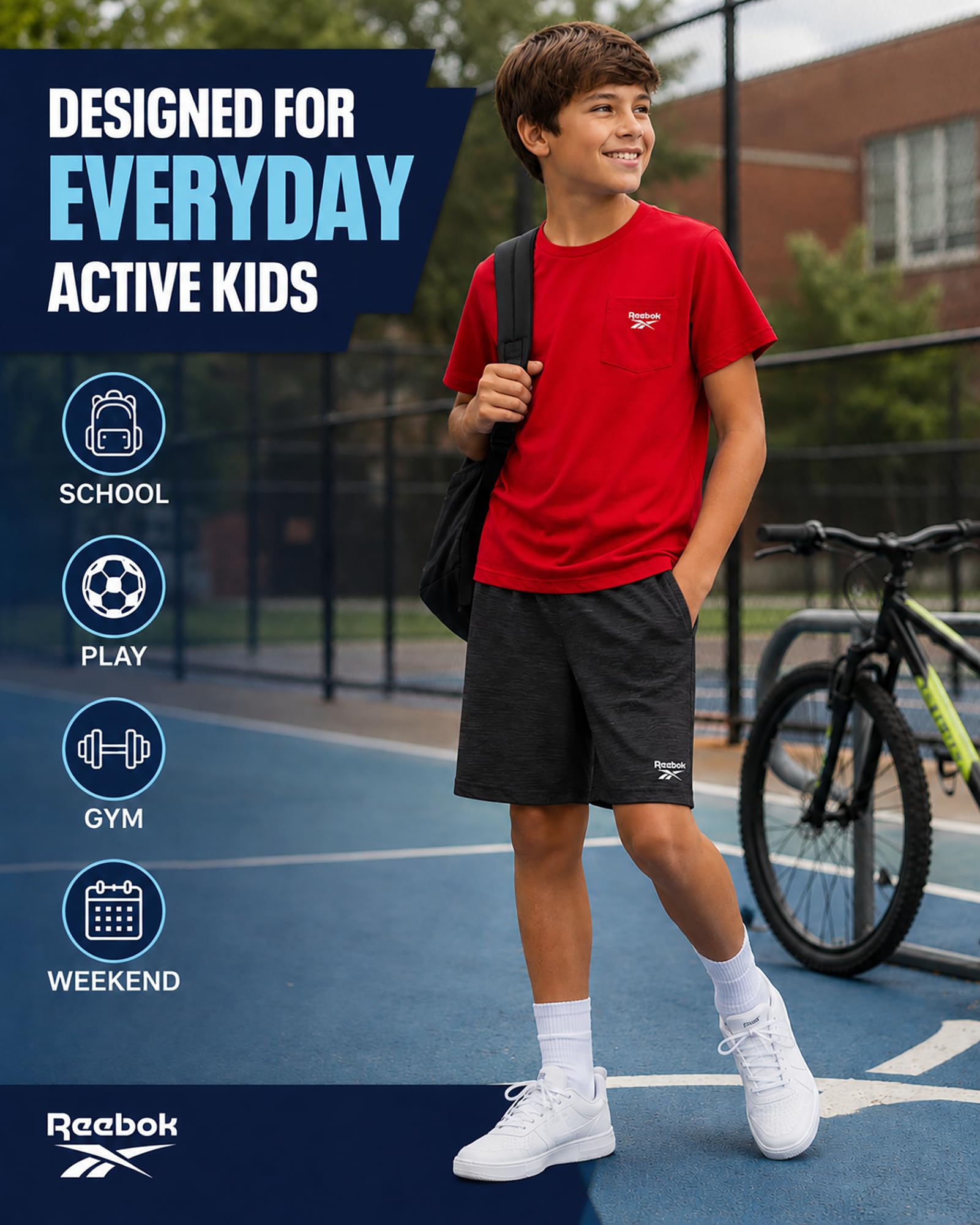 Reebok Conjunto de pantalones cortos deportivos para niños, ropa de verano de 2 piezas con camiseta gráfica y pantalones cortos de baloncesto para niños activos