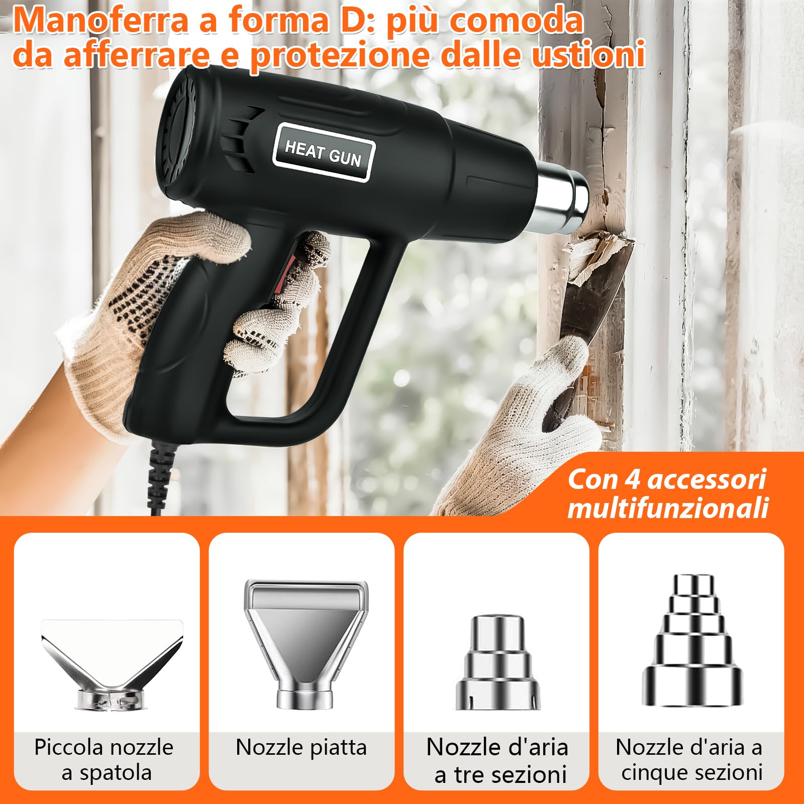 Pistola ad Aria Calda & Pistola Termica Professionale 2000W | 4 Ugelli, 60-600°C (2 Livelli), Riscaldamento Rapido | Sverniciare, Saldare, Tubi Termoretraibili | Protezione Surriscaldamento, Ignifugo