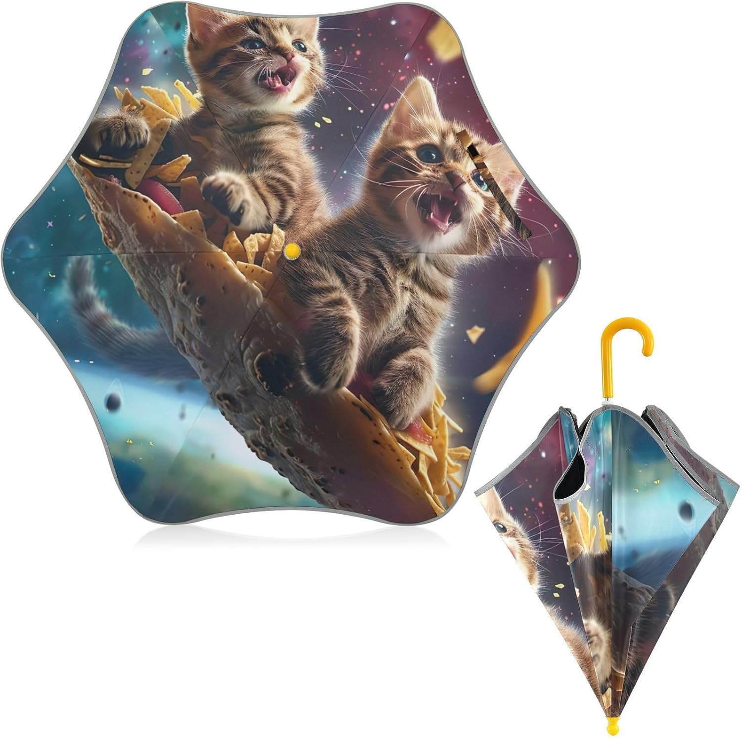 ODAWA Kids Umbrella Funny Cat Galaxy Windproof Compact Stick Umbrellas for Rain