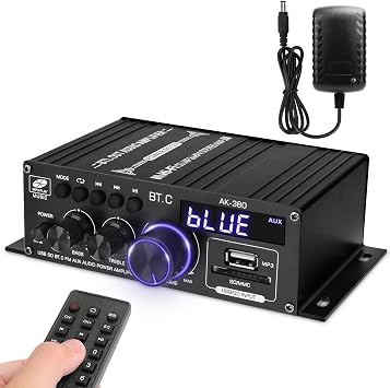 Bluetooth Amplifier 5.0 HiFi Stereo Power Amplifier Receiver 2.0 Channel 2X40W Mini Amplifier Small Home Audio Amplifier for Bass Treble Control Speaker FM/USB/SD/AUX Input
