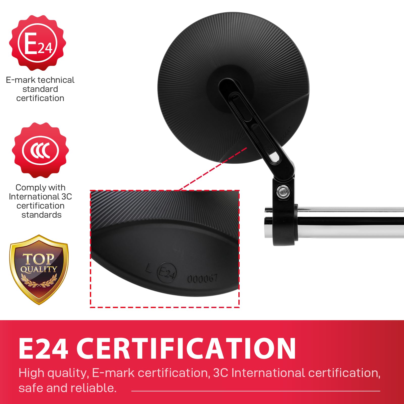 DREAMIZER Specchietto manubrio, specchietto laterale Omologati E24 per estremità manubrio moto, specchietti rotondi girevoli a 360° per manubri da 22-25,4mm compatibile con Moto Dirt Bike Enduro ATV