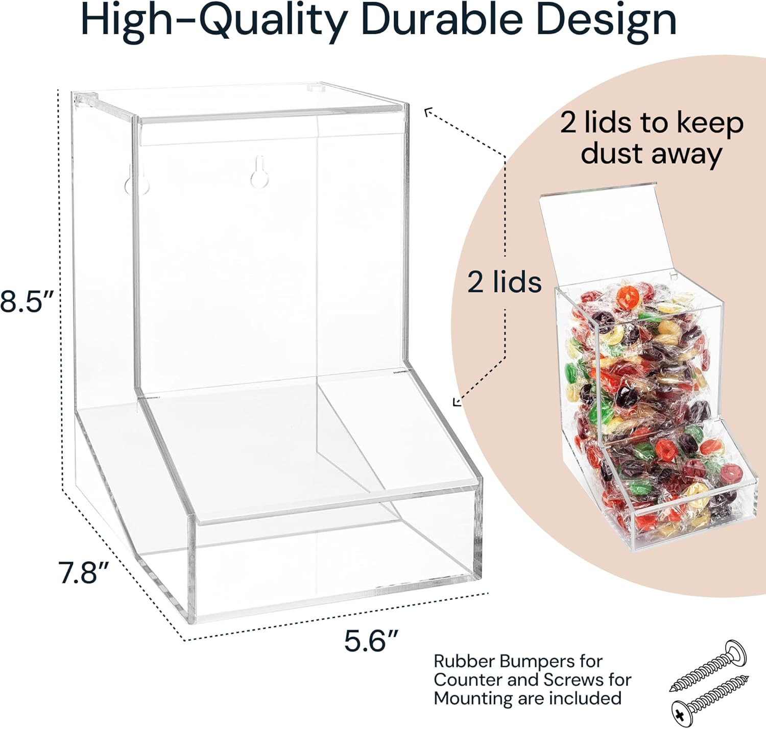 SimplyImagine Acrylic Candy Dish & Treat Organizer Dispenser - Rectangular Non-Porous Acrylic - Dual Lids for Fresh Bulk Treats & Cereal Countertop Display
