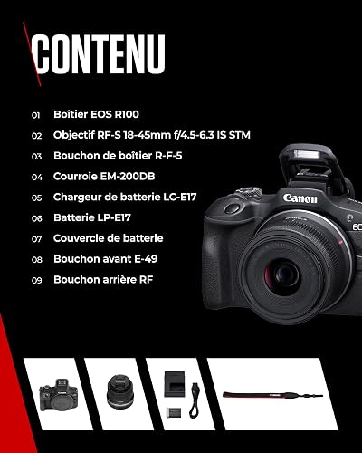 Canon EOS R100 Appareil Photo avec Objectif RF-S 18-45mm F4.5-6.3 is STM, Appareil Photo Hybride APS-C, Autofocus CMOS Dual Pixel, Vidéo 4K, Prise de Vue en Continu Jusqu’à 6,5 IPS, Wi-FI & Bluetooth - 7