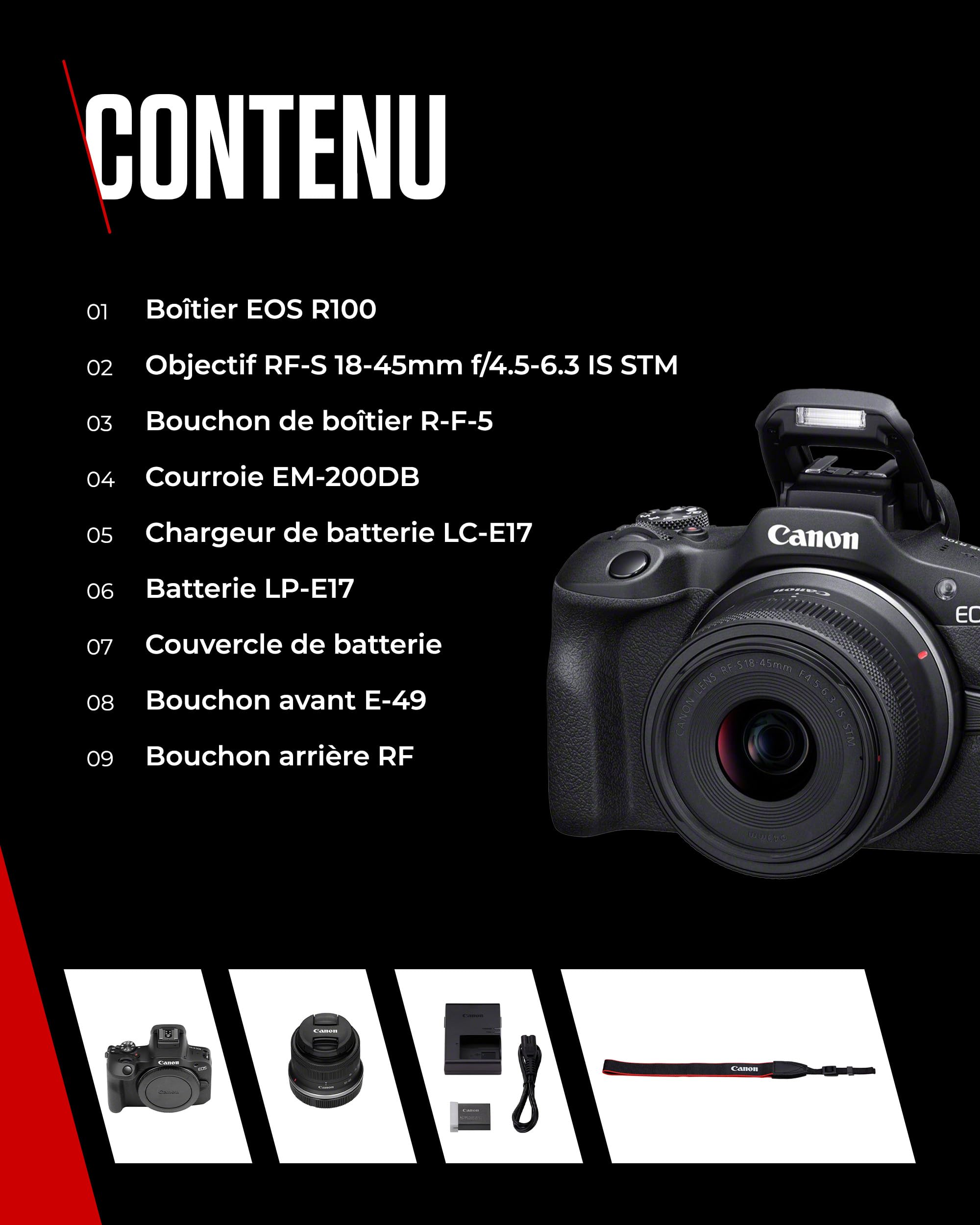 Canon EOS R100 Appareil Photo avec Objectif RF-S 18-45mm F4.5-6.3 is STM, Appareil Photo Hybride APS-C, Autofocus CMOS Dual Pixel, Vidéo 4K, Prise de Vue en Continu Jusqu’à 6,5 IPS, Wi-FI & Bluetooth