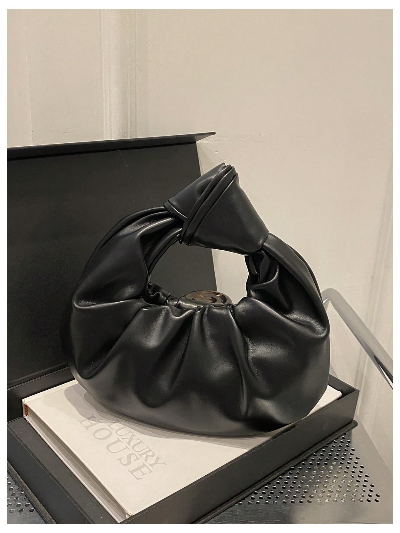 RoseSeek Women's Cloud Shaped Ruched Handbags Small Pu Leather Top Handle Bag Retro Purses Black One Size