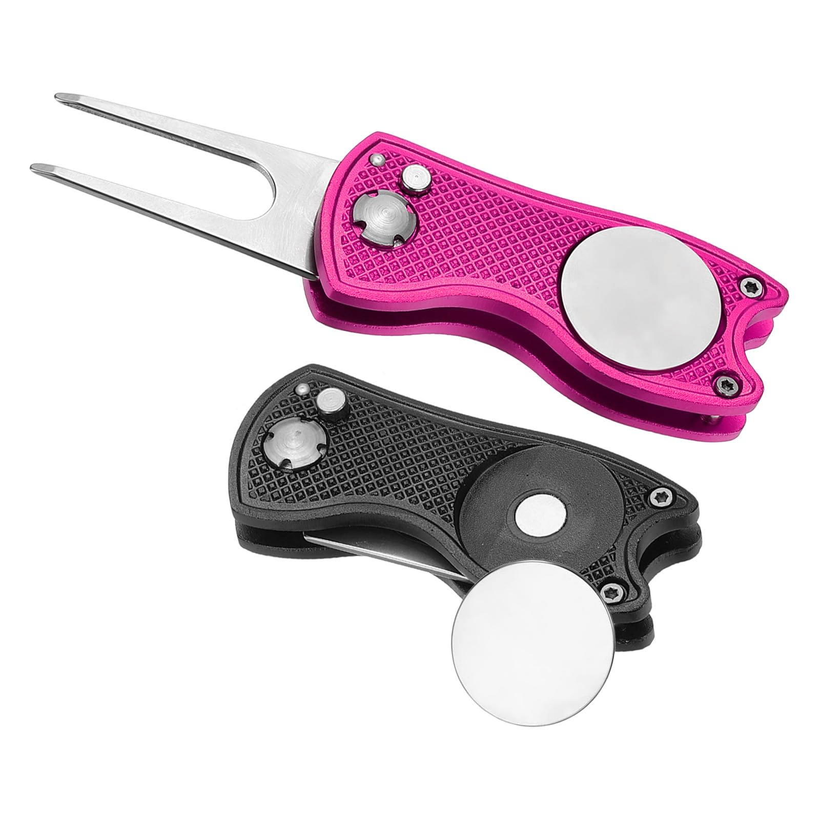 PATIKIL Golf Divot Repair Tool, 2 Pack Foldable Metal Golf Green Divot Tool with Magnetic Ball Marker & Stainless Steel Fork for Golfer, Black/Fuchsia
