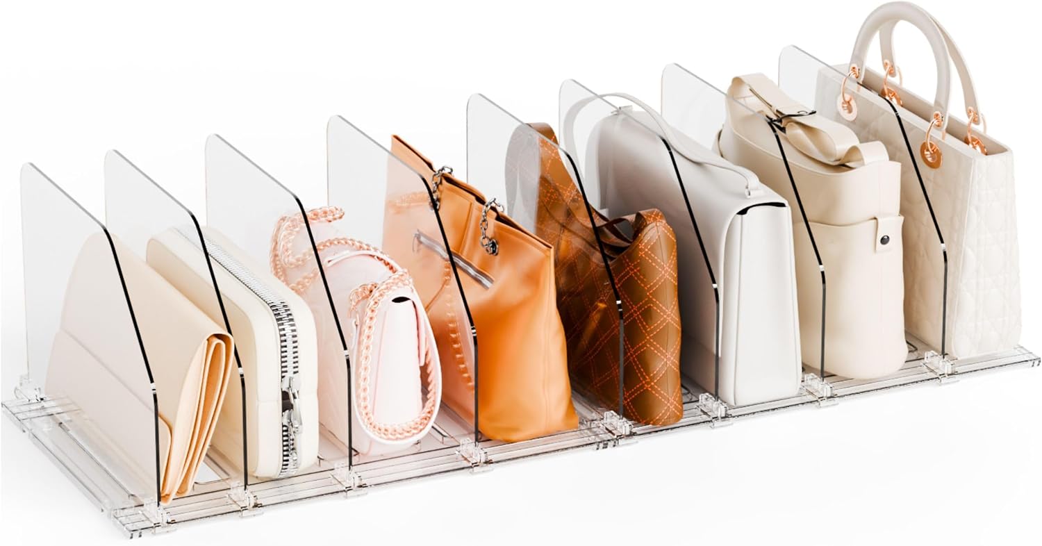 Yieach 2 Pack Purse Dividers for Closet - Adjustable Closet Purse Organizers and Storage Rack,Acrylic Clear Shelf Dividers for Closet Organization,Towel,Pocketbook,Wallet,Bag Shelf,Clutch Organizer