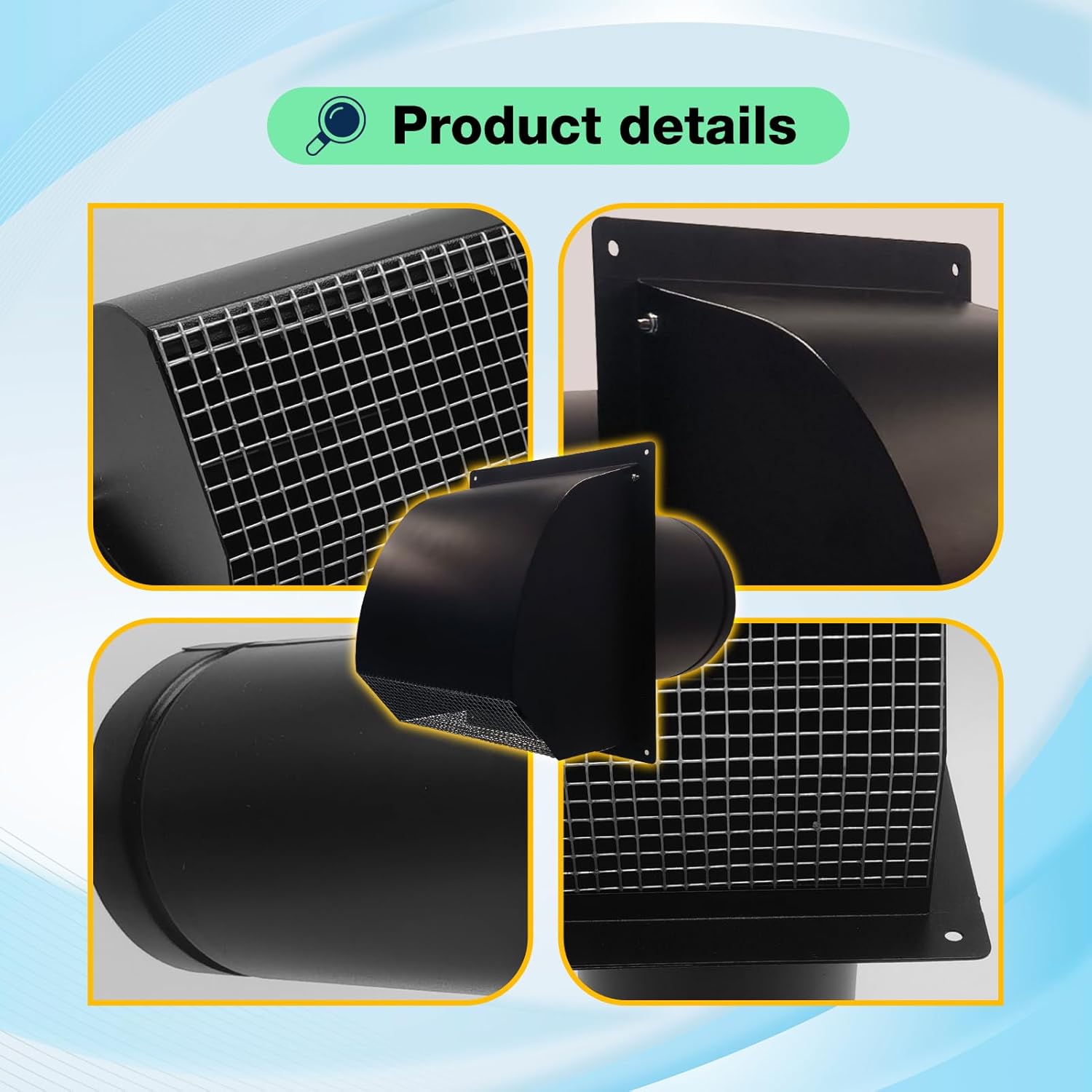 8 Inch Galvanized Steel Hooded Wall Vent,Arc-Shaped Outdoor Wall Vent Cap with Mesh Cover and Damper for Kitchen, Bathroom, Laundry, Garage Ventilation and Exhaust (Black, 8 Inch)