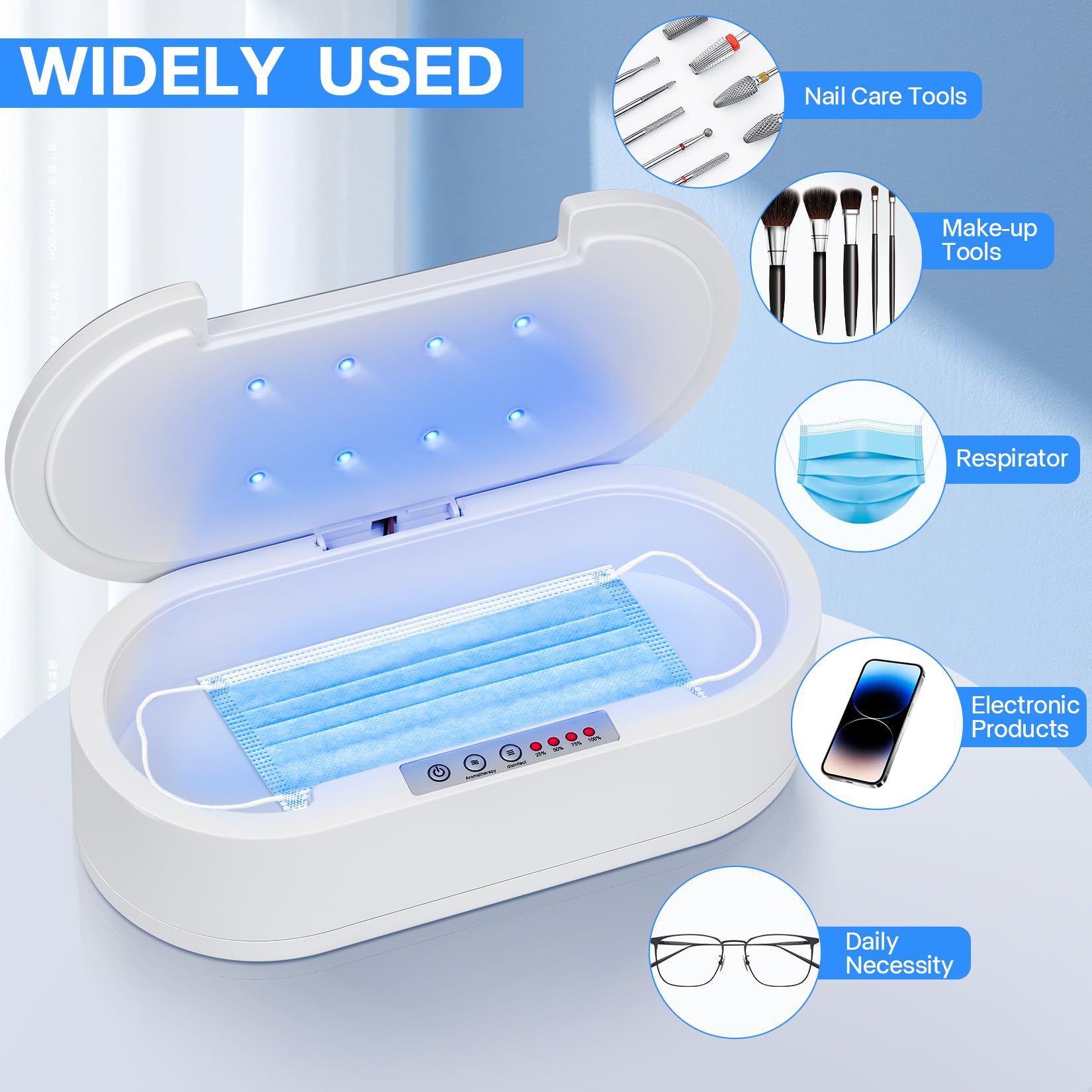 Esterilizador de herramientas de uñas, multifunción con luz azul, caja esterilizadora de limpieza de aromaterapia para joyas, gafas, teléfono, manicura de uñas, herramientas de maquillaje 7