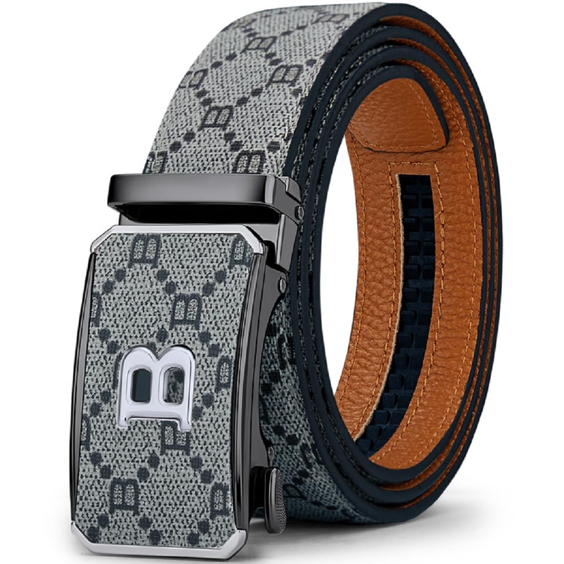 Designer Ratchet Belt for Men Leather Casual Fashion Sliding Removable Dress Adjustable Automatic Buckle