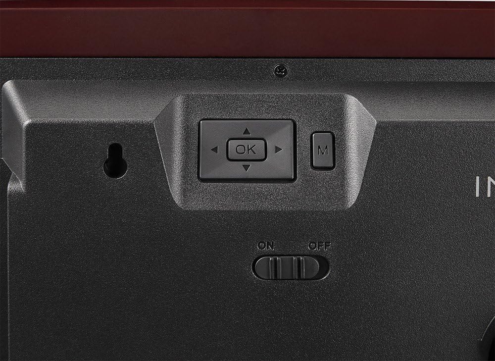 Control buttons on the back of the Insignia 10-inch Digital Photo Frame, including navigation arrows, OK, and M (Menu) buttons, and an ON/OFF switch.