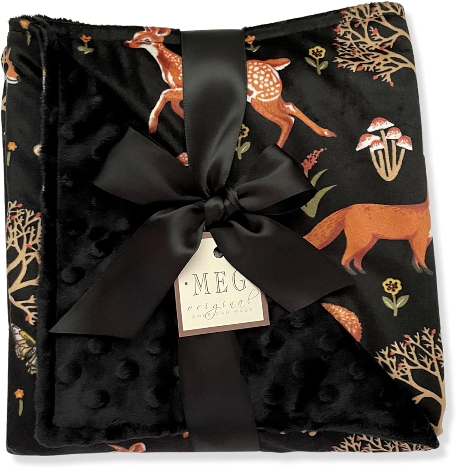 MEG Original Minky Baby Blanket, Forest Friends Woodland Animal Theme (Black)