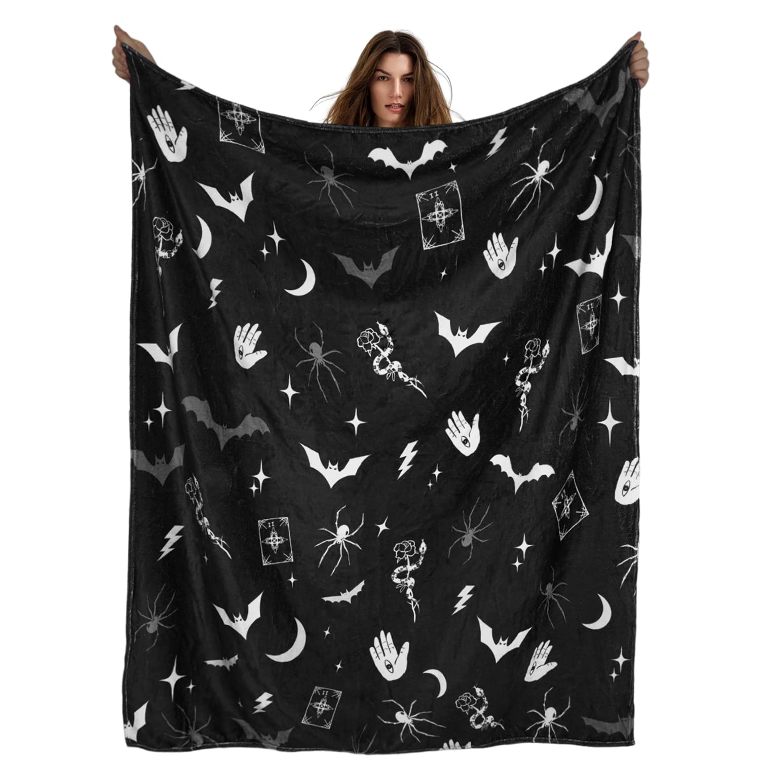 Mufunne Women's Gothic Black Black Goth Blanket Throw, Gothic Moon Stars Witch Plush Blanket, Black And White Cozy Soft Bat Flannel Blanket,Witchy Gifts, Spooky Halloween Decor Gifts Stuff, 50X60 Inch