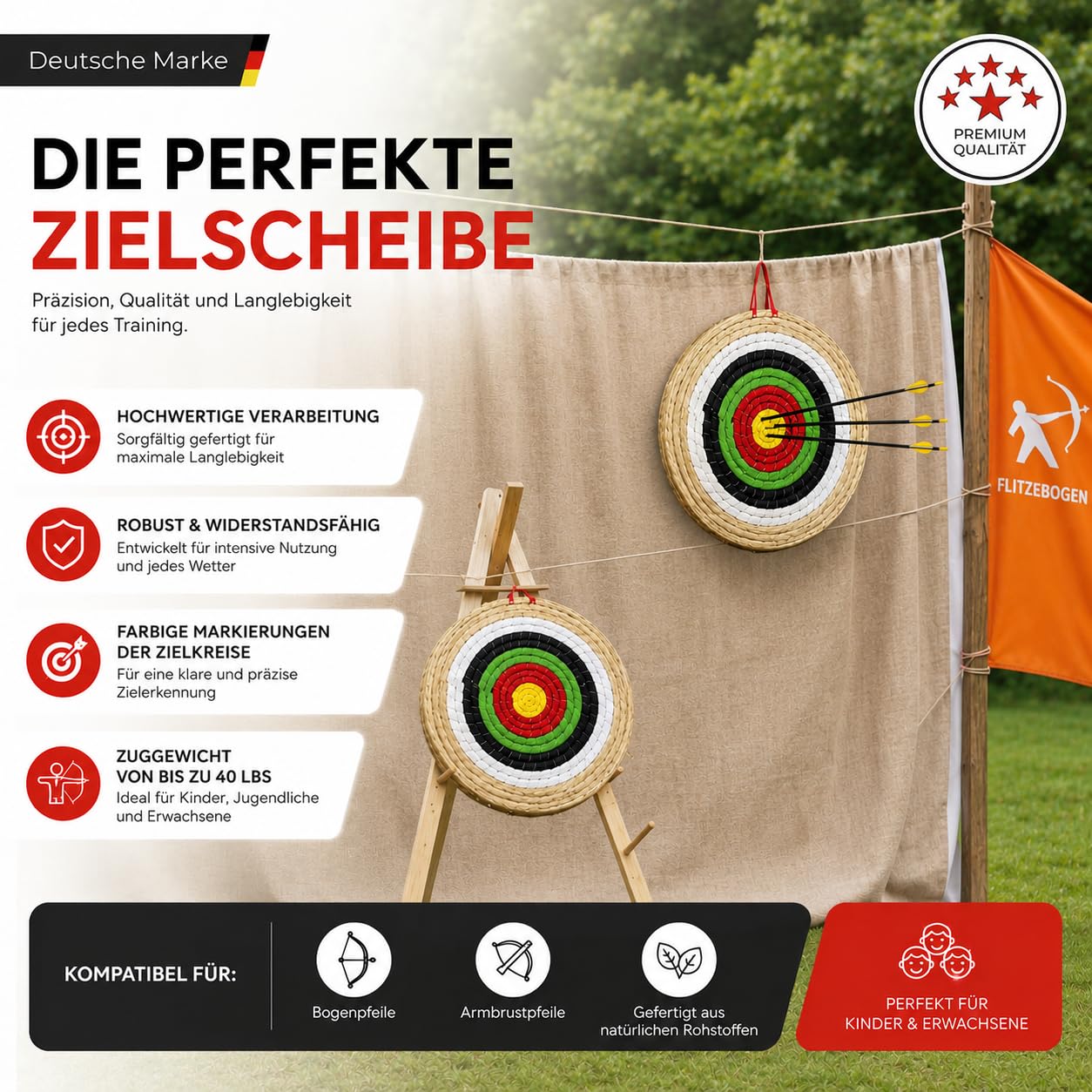 Flitzebogen Zielscheibe Bogenschießen | Strohzielscheibe Natur 50x50x5 cm 3-lagig für Kinder Anfänger Fortgeschrittene für Pfeil und Bogen Armbrust Ziel