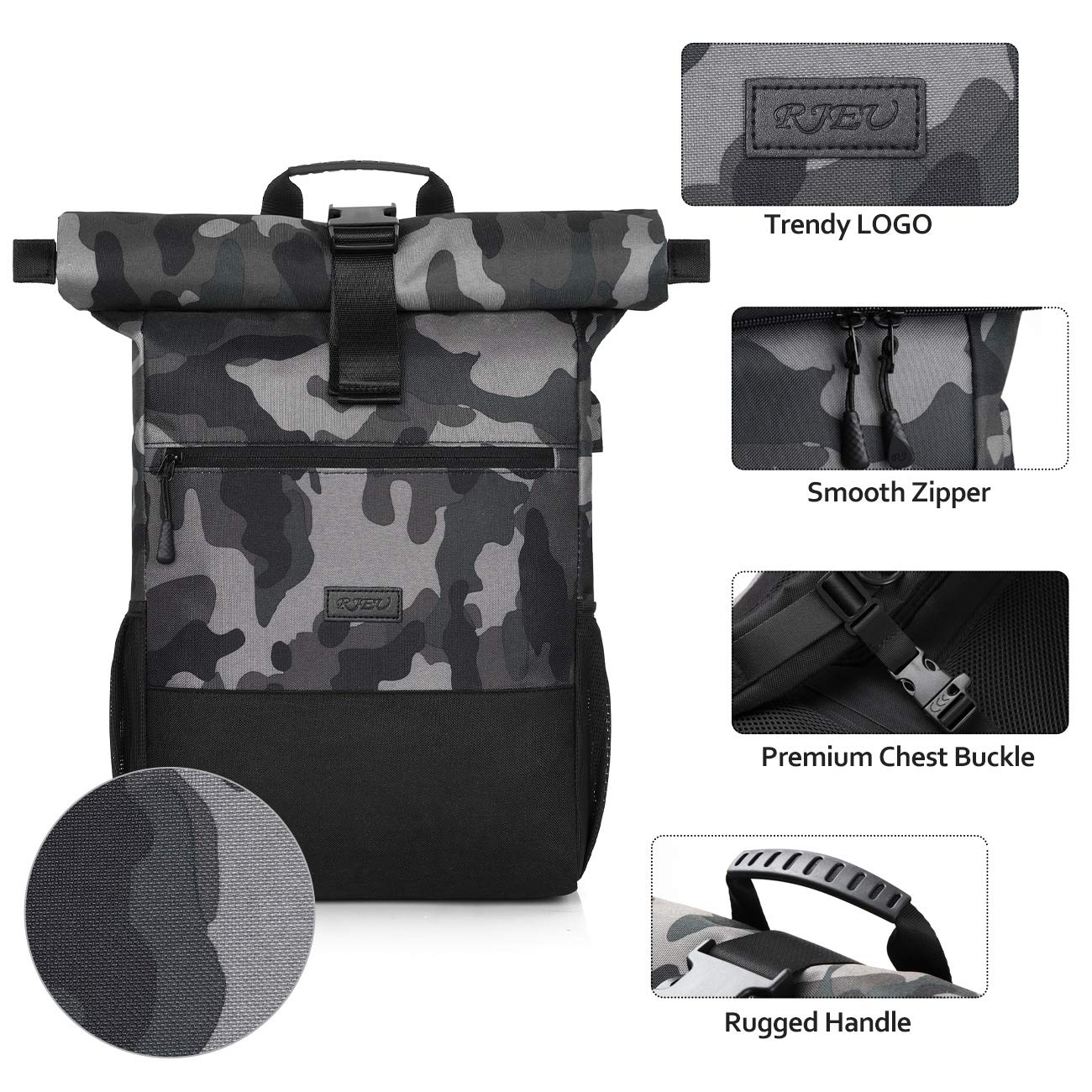 RJEU Zaino per Uomo e Donna, Zaino per Laptop da 15,6-17,3 Pollici con Porta di Ricarica USB, Borsa per Ragazzo e Ragazza Adolescente per Scuola, Viaggio (Camuffare-26L)