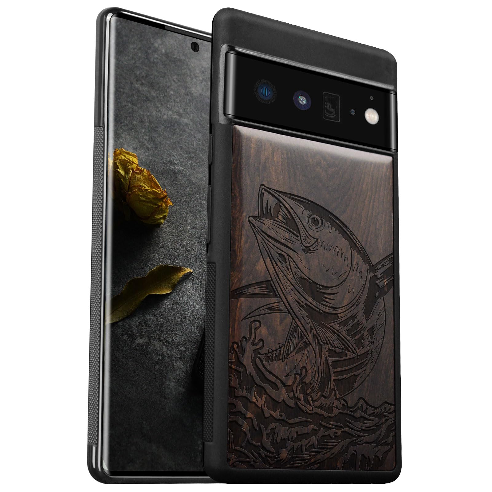 Cover Carveit Per Google Pixel 6 Pro – Custodia In Legno Con Incisione Orso E Aquile, Resistente Antiurto TPU - 2