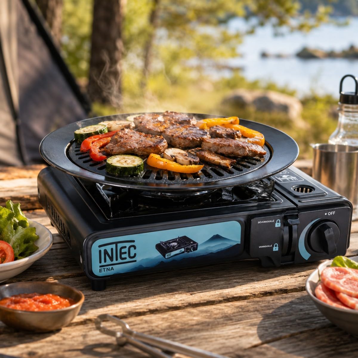 Kuchenka gazowa 2200W + Płyta grillowa + 4 kartusze gazowe, Grill Camping, Walizka INTEC